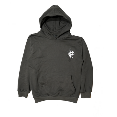Charcoal Gray hoodie with triple cross design on front right chest