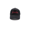 Black FAMILIA Trucker Hat with Red Glitter in front canvas