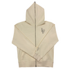 LaFamilia Full zip up cream hoodie with rhinestone of logo on right chest and signature double crosses on sleeve