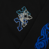 Triple Cross LF Logo on black hoodie, design in blue glitter and sky blue print with white cross and skull on top