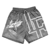 Gray LaFamilia Shorts With Dove design and LF logo on right side