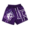 LaFamilia Purple mesh shorts with triple cross design in a neon pink and calm shade purple with LF logo on right side