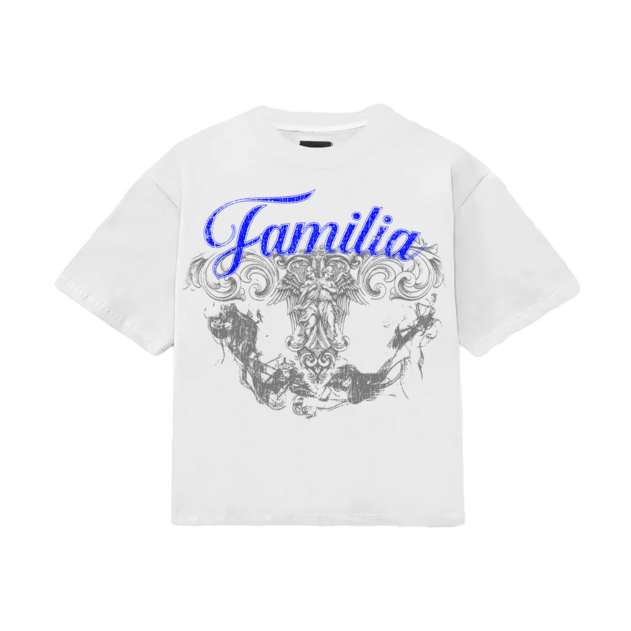 neoclassic lafamilia design with blue text and slate gray ornament.