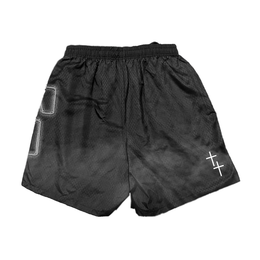 Black Mesh shorts with Dove design and LaFamilia Logo