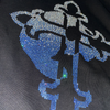 Black Lafamilia Zip up hoodie with white to blue rhinestone fade of cross and skull design on the back