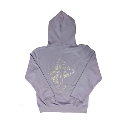 Lavender Hoodie with clear rhinestones design on back of cross and skull
